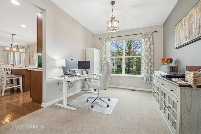 home office featuring visible vents, baseboards, a notable chandelier, light carpet, and recessed lighting
