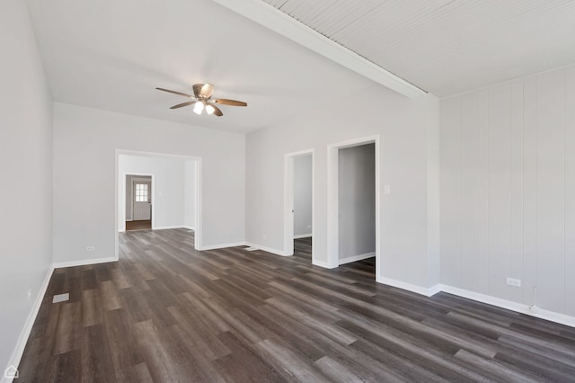 empty room with baseboards, dark wood-style flooring, and ceiling fan