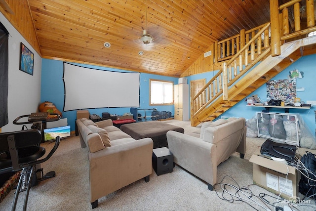 carpeted cinema featuring visible vents, wood ceiling, and vaulted ceiling