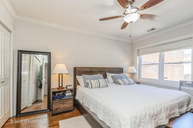1754 W Wellington Ave Unit 1W, Chicago, IL 60657 - bedroom featuring wood finished floors, ornamental molding, and a ceiling fan