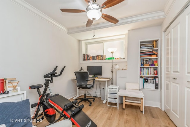 1754 W Wellington Ave Unit 1W, Chicago, IL 60657 - exercise area featuring ornamental molding, wood finished floors, a ceiling fan, and baseboards