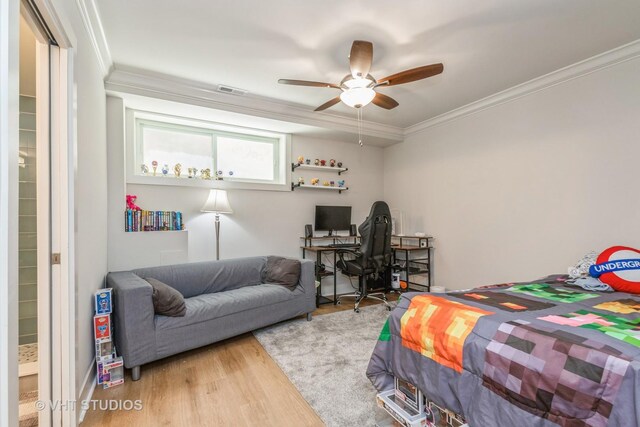 1754 W Wellington Ave Unit 1W, Chicago, IL 60657 - bedroom featuring wood finished floors, ornamental molding, an office area, and ceiling fan