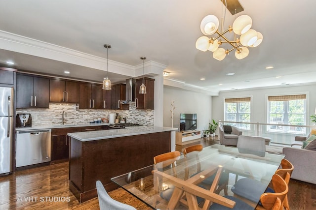 1754 W Wellington Ave Unit 1W, Chicago, IL 60657 - dining space with dark wood-style floors, crown molding, a chandelier, and recessed lighting