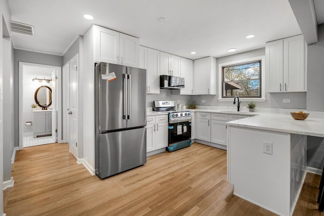 kitchen with appliances with stainless steel finishes, white cabinets, light wood finished floors, a sink, and a peninsula