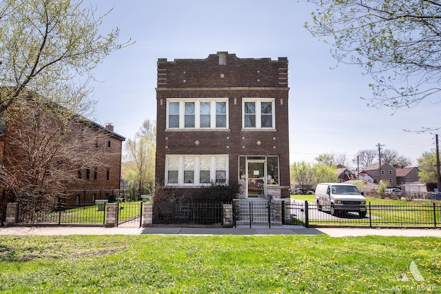 view of front of property featuring a gate, brick siding, and a front lawn