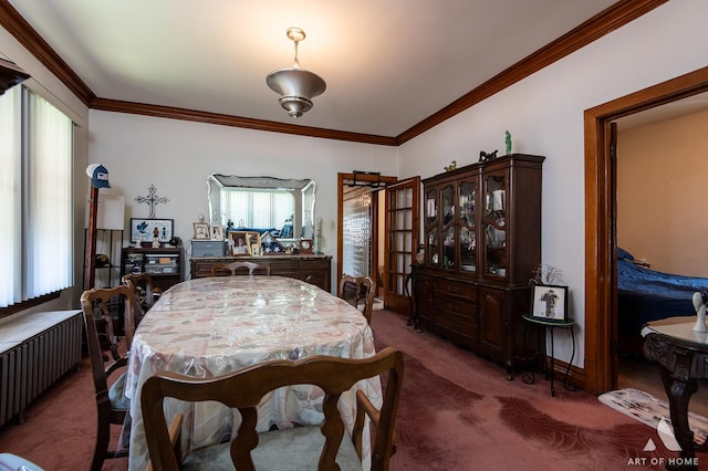 dining area featuring crown molding, radiator heating unit, carpet, and baseboards