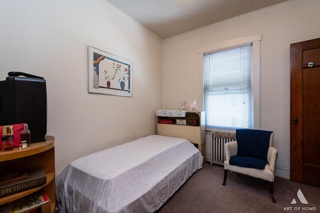 bedroom with radiator, carpet flooring, and ornamental molding