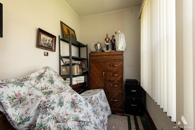 bedroom with ornamental molding and carpet flooring