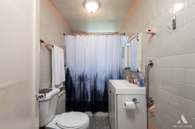 bathroom featuring a shower with shower curtain, toilet, tile walls, tile patterned floors, and vanity