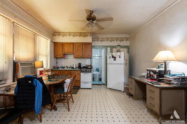 kitchen featuring ceiling fan, brown cabinetry, crown molding, cooling unit, and white appliances