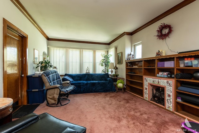 carpeted living room with crown molding