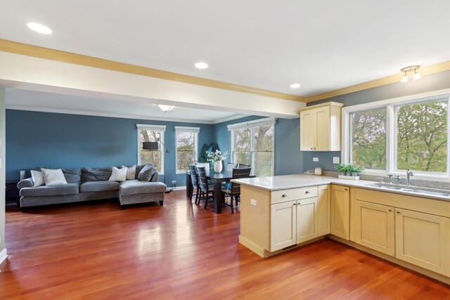 kitchen featuring a sink, ornamental molding, a peninsula, light countertops, and light wood-style floors