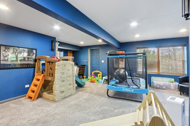 playroom featuring carpet floors, recessed lighting, and baseboards