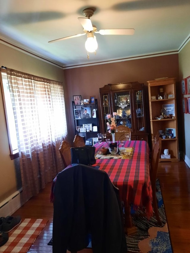 5030 N Keeler Ave, Chicago, IL 60630 - dining room featuring ceiling fan, ornamental molding, wood finished floors, and a baseboard radiator