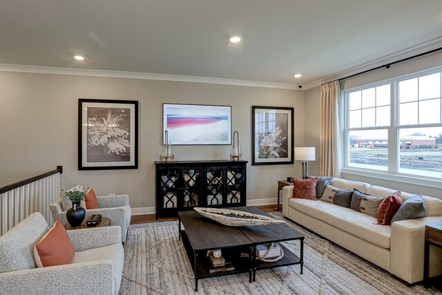 4187 Chelsea Manor Cir, Aurora, IL 60504 - living area with wood finished floors, recessed lighting, ornamental molding, and baseboards
