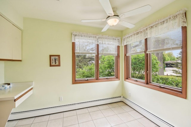 38413 N Tewes Ct, Beach Park, IL 60087 - unfurnished dining area with a baseboard heating unit, a ceiling fan, and light tile patterned flooring