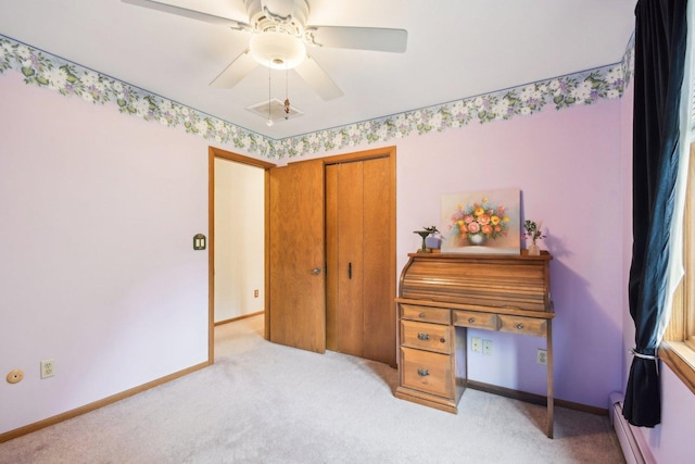 38413 N Tewes Ct, Beach Park, IL 60087 - office space featuring a baseboard heating unit, light colored carpet, baseboards, and ceiling fan