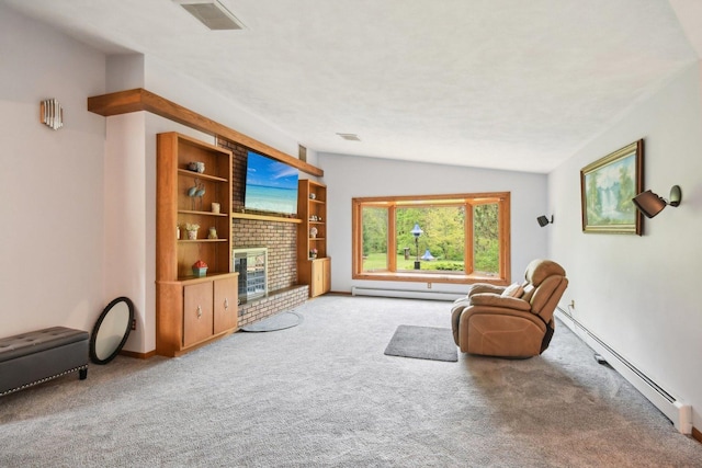 38413 N Tewes Ct, Beach Park, IL 60087 - living area with carpet floors, a baseboard radiator, a fireplace, baseboards, and baseboard heating