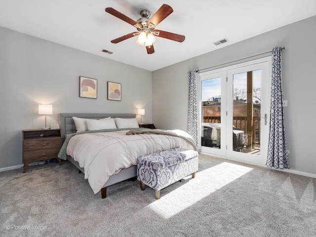 carpeted bedroom with access to exterior, baseboards, and ceiling fan