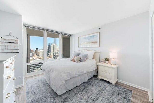 bedroom featuring a view of city, access to outside, baseboards, and light wood-type flooring