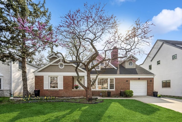 view of front of property with brick siding, an attached garage, driveway, and a front lawn