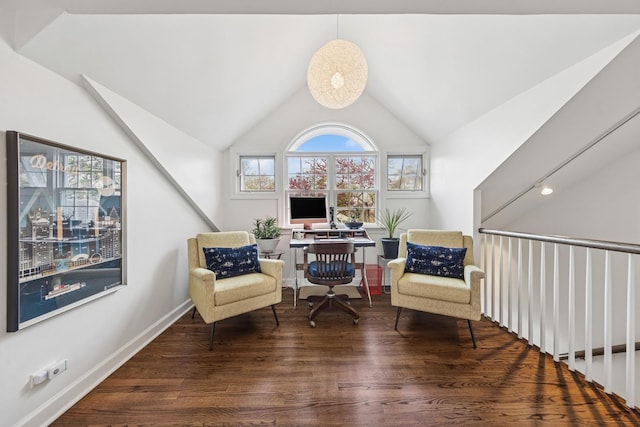 office with baseboards, lofted ceiling, and wood finished floors