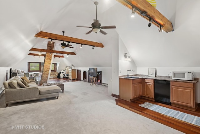 1625 Central Ave, Wilmette, IL 60091 - living area with ceiling fan, track lighting, beam ceiling, carpet, and baseboards
