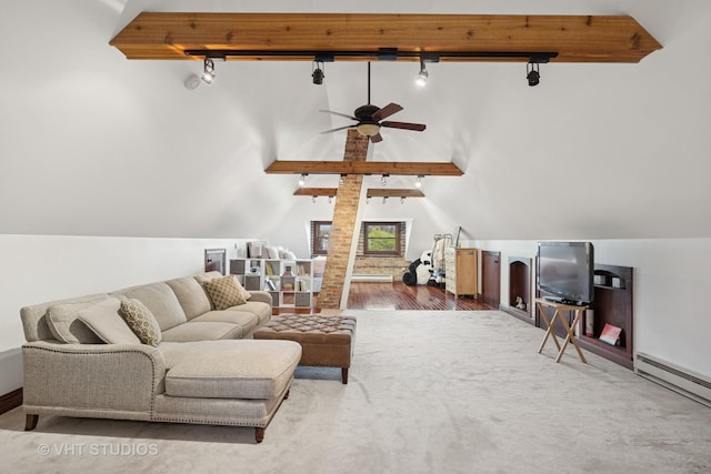 1625 Central Ave, Wilmette, IL 60091 - carpeted living area featuring rail lighting, lofted ceiling with beams, ceiling fan, and a baseboard heating unit