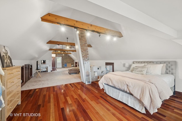 1625 Central Ave, Wilmette, IL 60091 - bedroom featuring lofted ceiling with beams, wood finished floors, and rail lighting