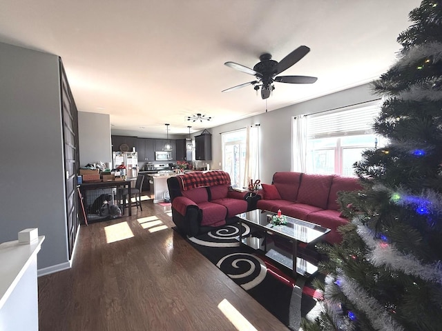 10817 Quail Xing, Richmond, IL 60071 - living area featuring dark wood-style floors and ceiling fan