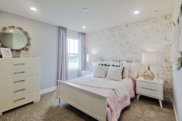 carpeted bedroom with recessed lighting and baseboards