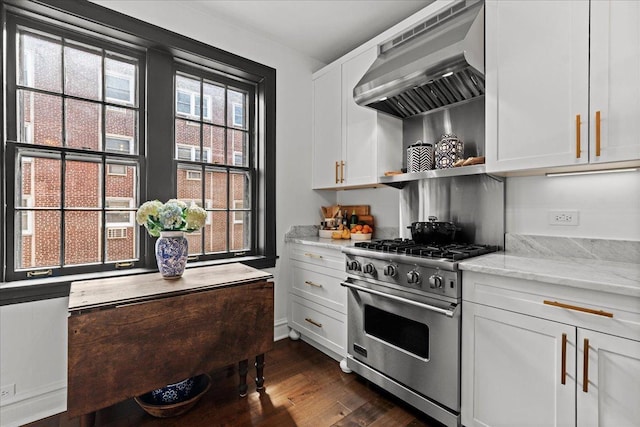1316 Maple Ave Unit B2, Evanston, IL 60201 - kitchen with stainless steel range, light stone counters, white cabinets, dark wood-style flooring, and wall chimney exhaust hood
