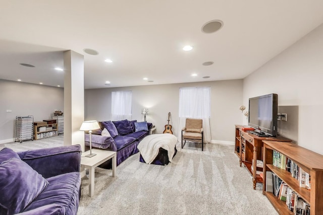 carpeted living room with baseboards and recessed lighting