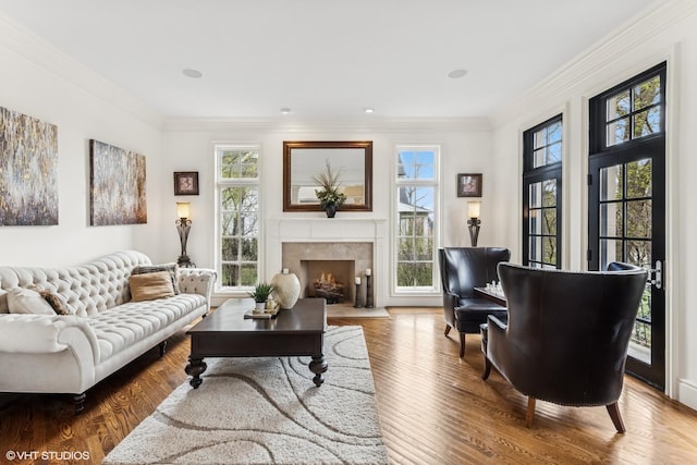 living room featuring a high end fireplace, crown molding, wood finished floors, and plenty of natural light