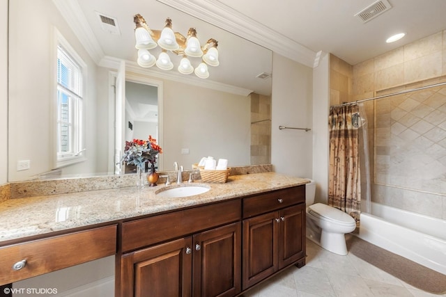 bathroom featuring tile patterned flooring, toilet, vanity, visible vents, and crown molding