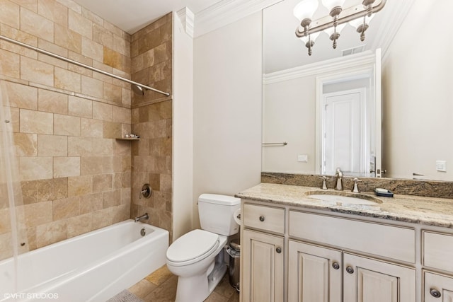 full bath with toilet, shower / bathtub combination, vanity, visible vents, and crown molding