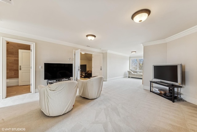 living area with crown molding, visible vents, light colored carpet, and baseboards