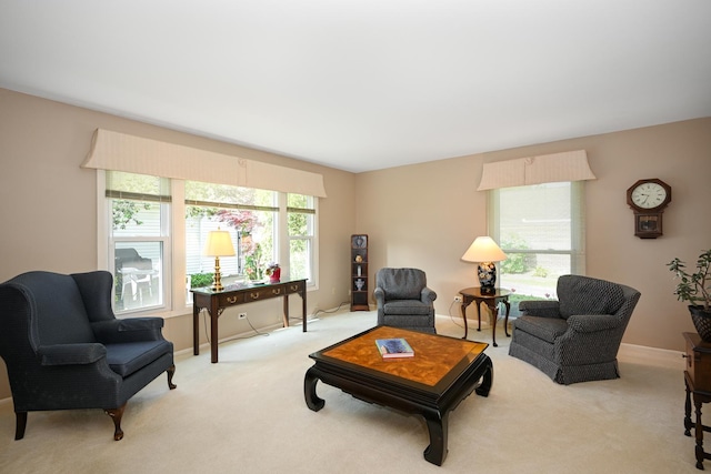 living room with carpet and baseboards
