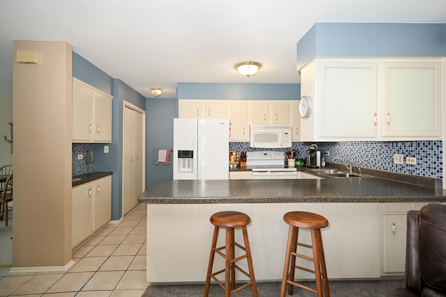 kitchen featuring white appliances, a sink, a peninsula, backsplash, and dark countertops