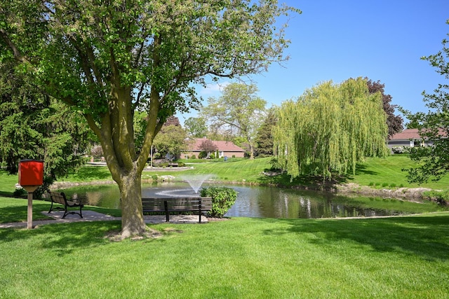 view of home's community featuring a water view and a lawn