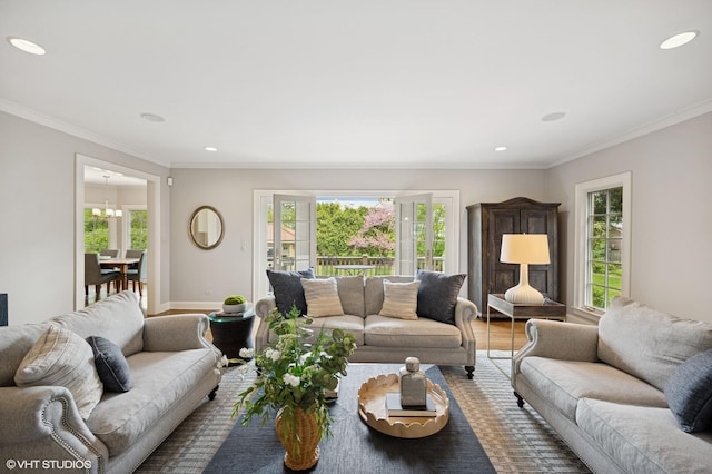 495 Willow Rd, Winnetka, IL 60093 - living room featuring recessed lighting, a chandelier, crown molding, wood finished floors, and baseboards