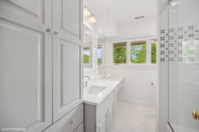 495 Willow Rd, Winnetka, IL 60093 - full bath with vanity, marble look tiles, a tile shower, and baseboards