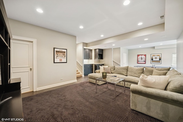495 Willow Rd, Winnetka, IL 60093 - living area with stairway, recessed lighting, baseboards, and dark wood finished floors