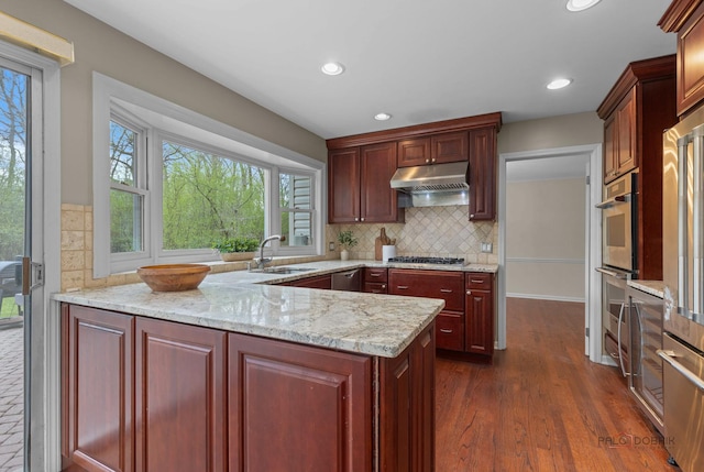 kitchen featuring decorative backsplash, dark wood-style flooring, a sink, light stone counters, and under cabinet range hood