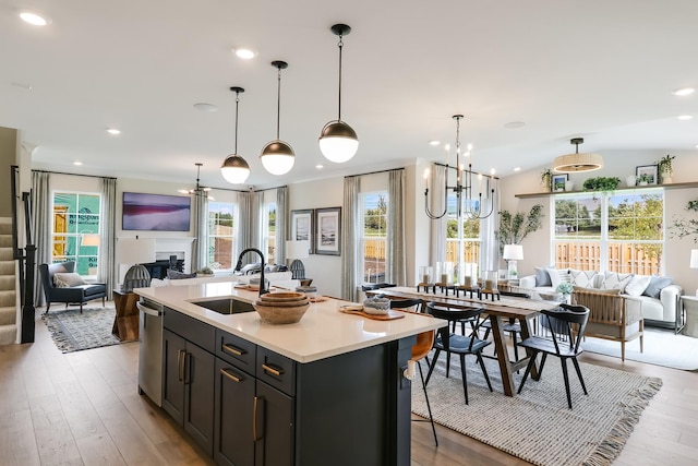 kitchen with dishwasher, a sink, open floor plan, and light countertops