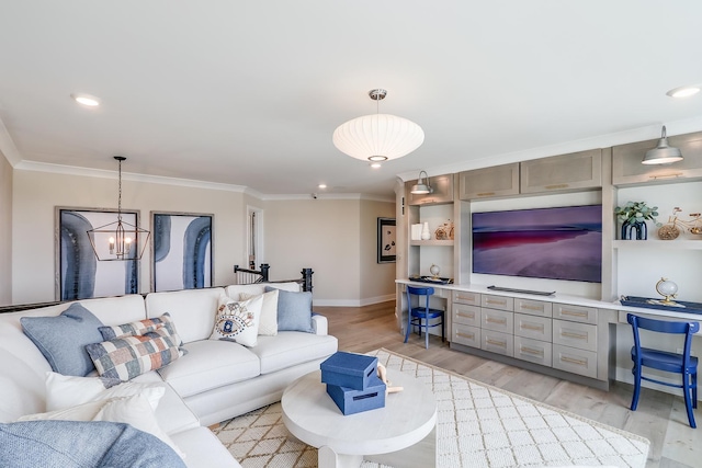 living room featuring recessed lighting, light wood-style flooring, a chandelier, baseboards, and crown molding
