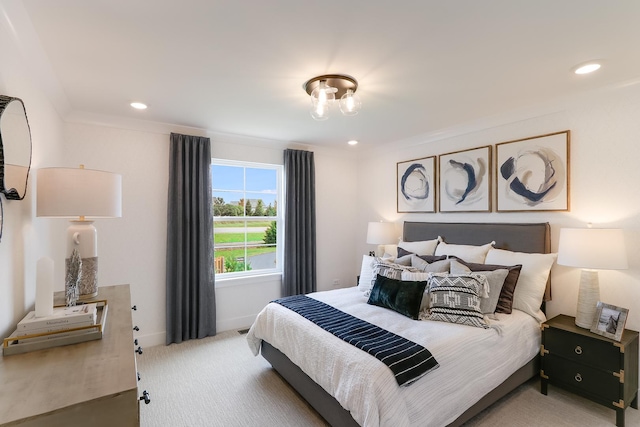 bedroom with recessed lighting, carpet flooring, and baseboards