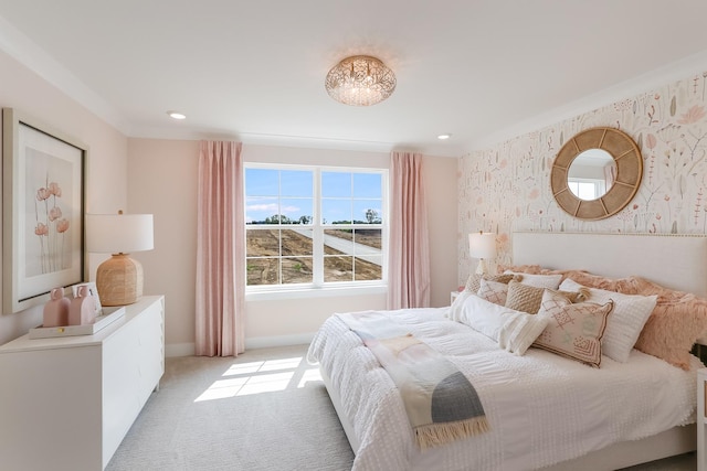 bedroom featuring recessed lighting, wallpapered walls, light carpet, and baseboards