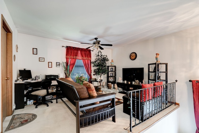 living room featuring ceiling fan and light carpet