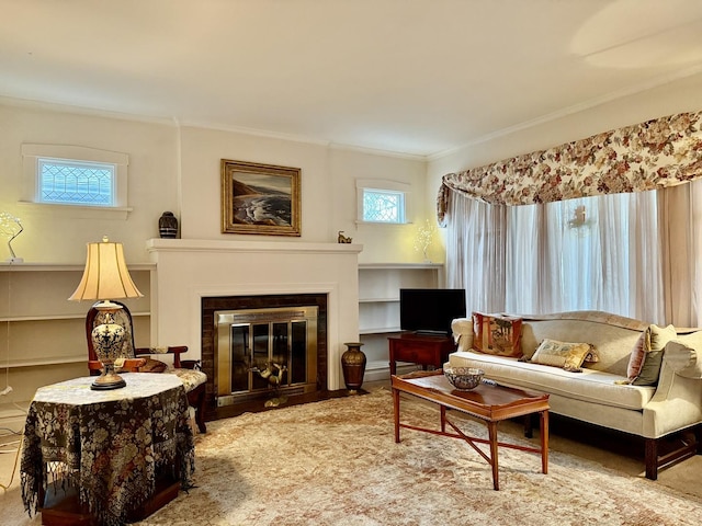 living room featuring a baseboard heating unit, a fireplace with flush hearth, and crown molding